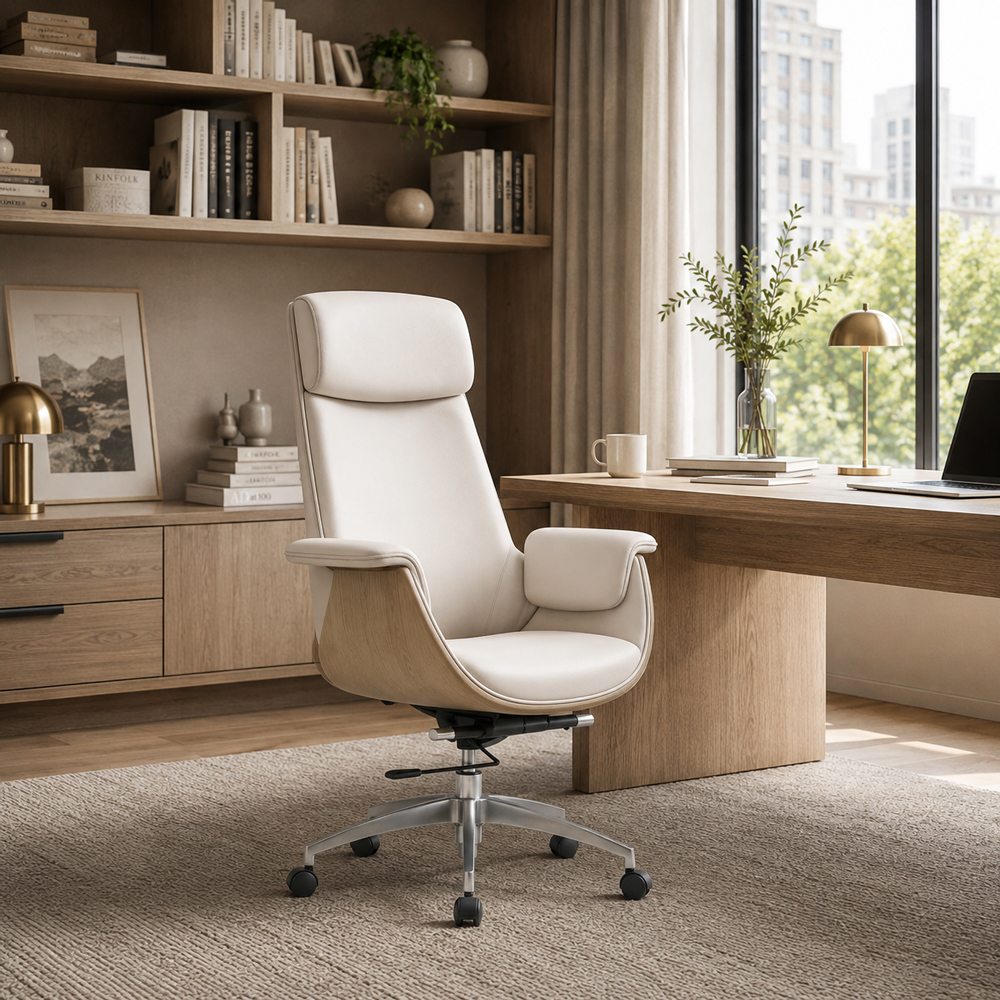 Cream PU Leather Executive Office Chair with Aluminum Base