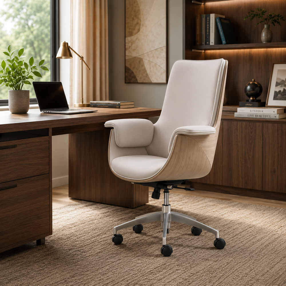 Cream PU Leather Office Chair with Dual-Function Tilt Mechanism