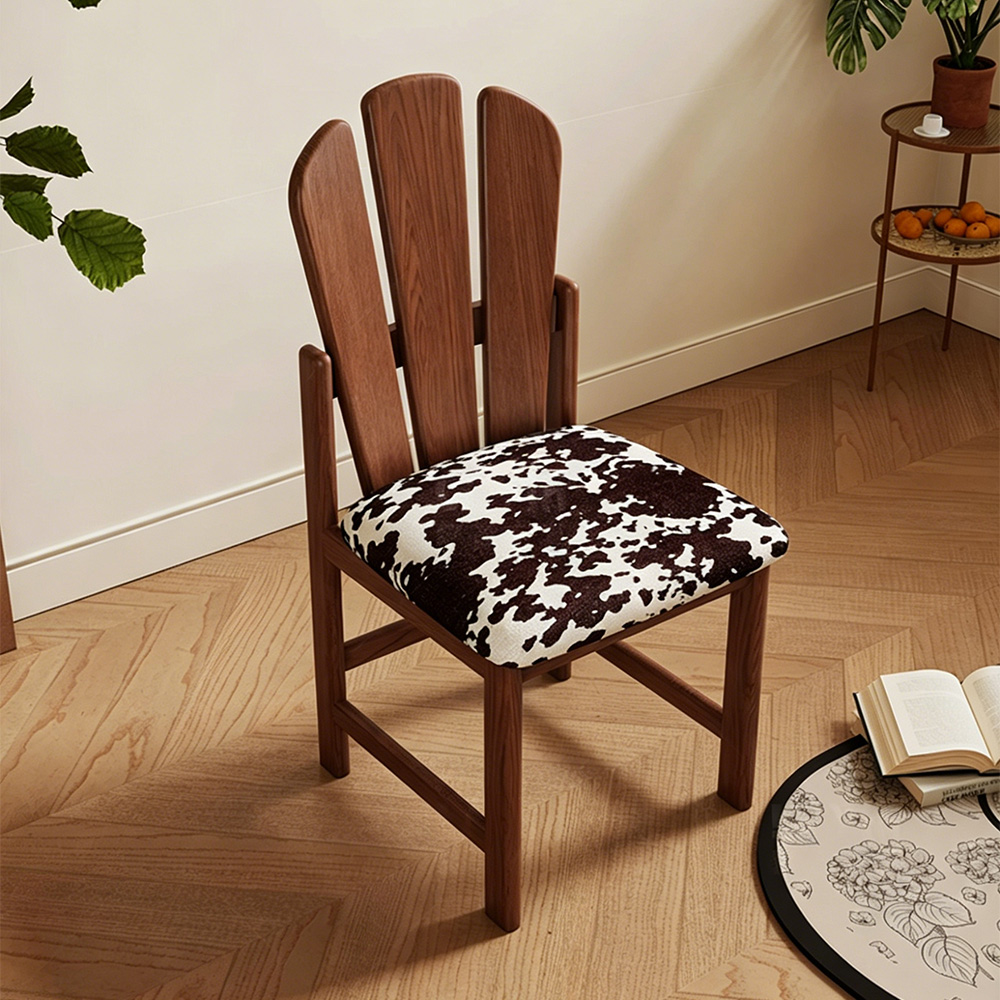 Three Slat Curved Back Solid Wood Printed Fabric Dining Chair 1 Piece