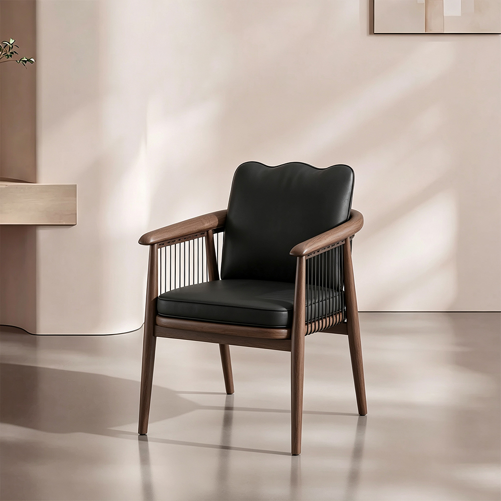 Modern Black Wooden Dining Chair with Armrests Minimalist Striped Upholstered Dining Armchair 1 Piece