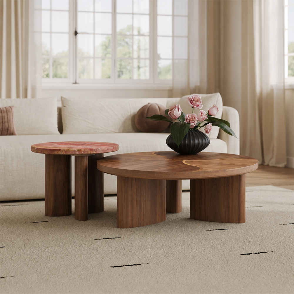 Nesting Round Coffee Table Set Walnut Veneer Red with Travertine Side Table