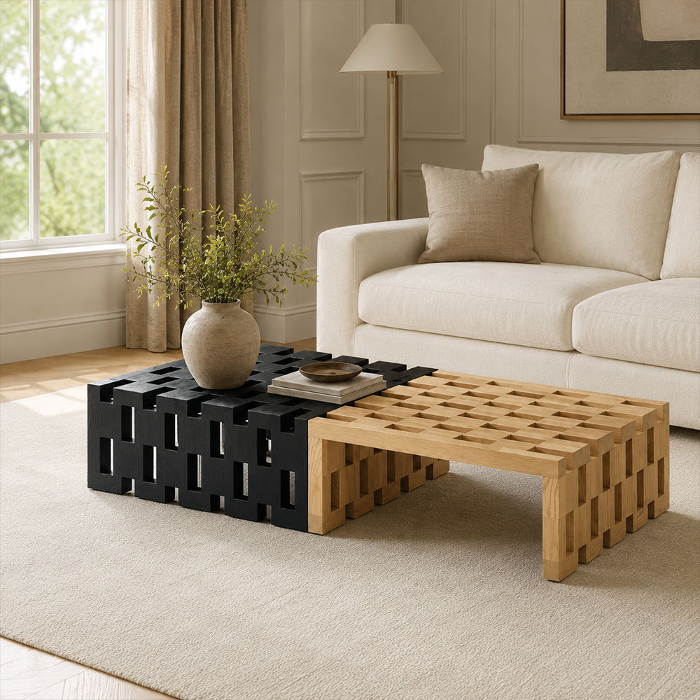 Two Tone Matte Paint Solid Ash Wood Grid Hollow Rectangular Coffee Table