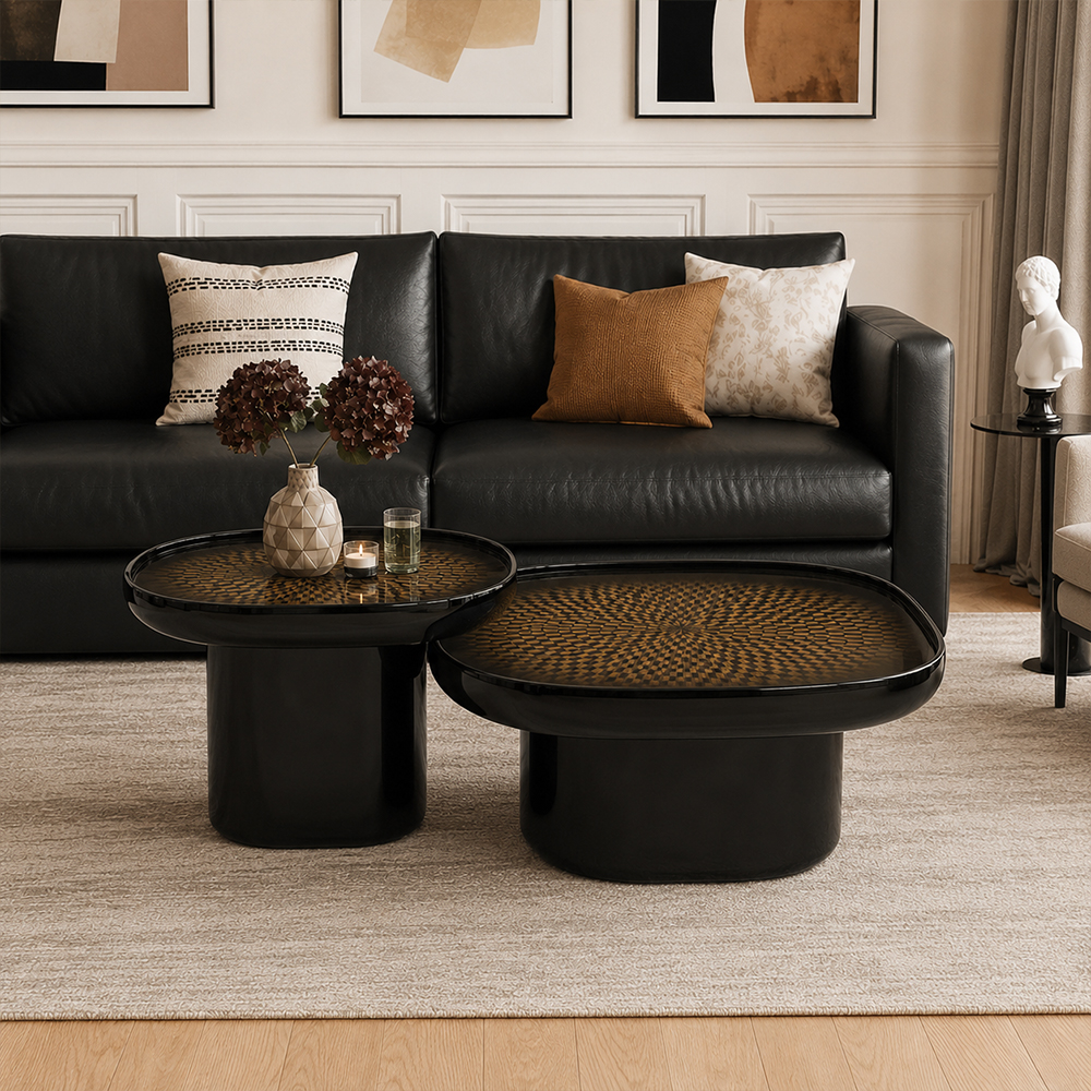 Contemporary Light Luxury Black Gloss Resin Nesting Oval Center Tables Set