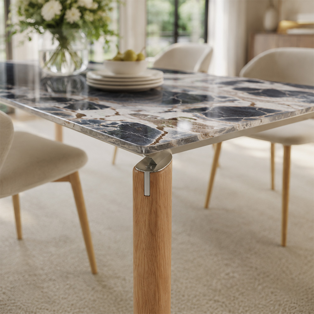 70.9" Coastal Rectangular Ocean Storm Marble Dining Table Solid Ash Wood Tapered Legs