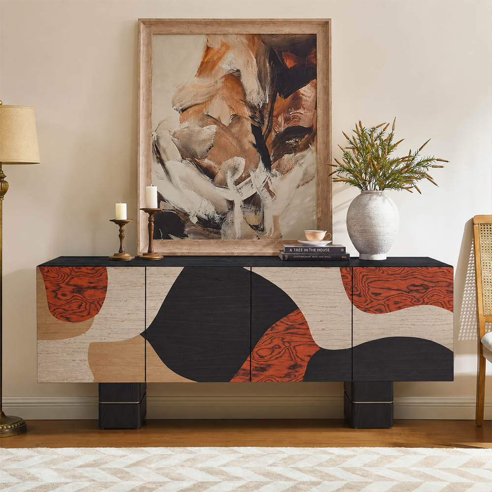 Large Capacity Four Door Abstract Inlay Elm Wood Storage Cabinet