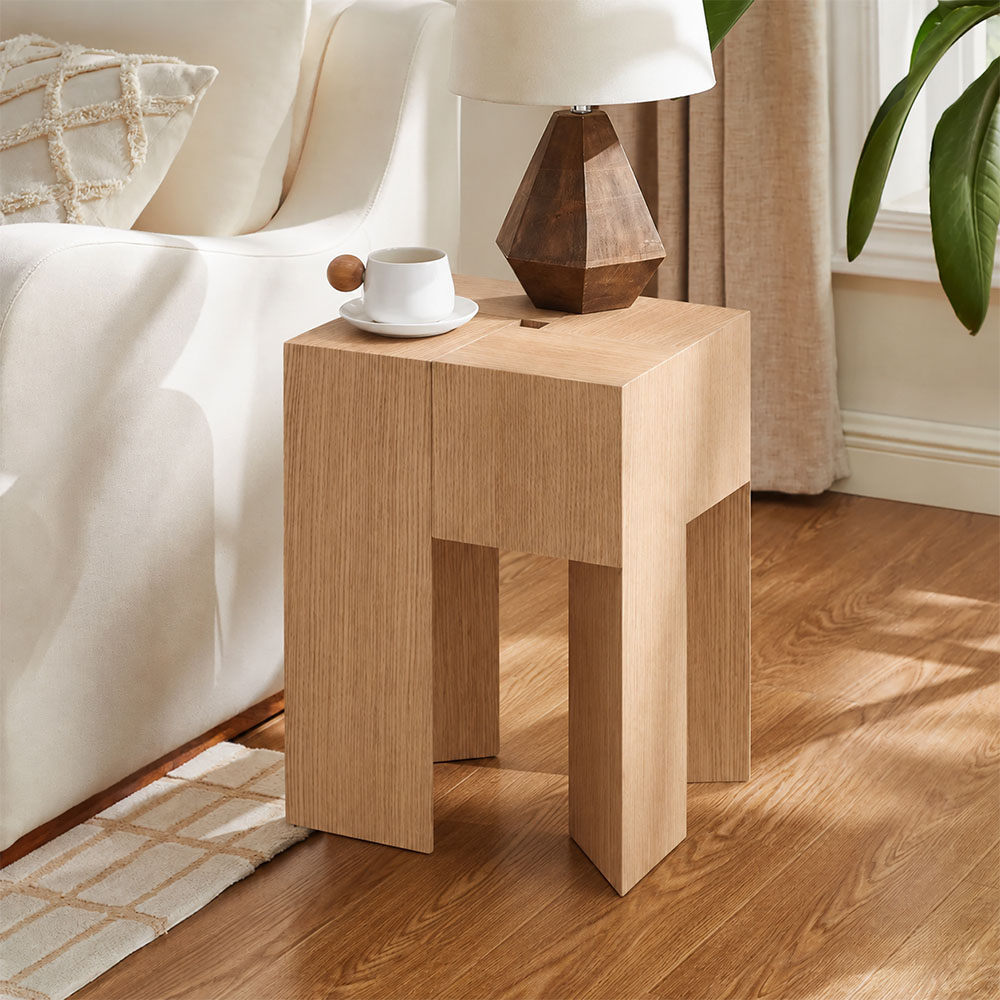 Geometric Split Block White Oak Veneer Multi Layer Wood Side Table