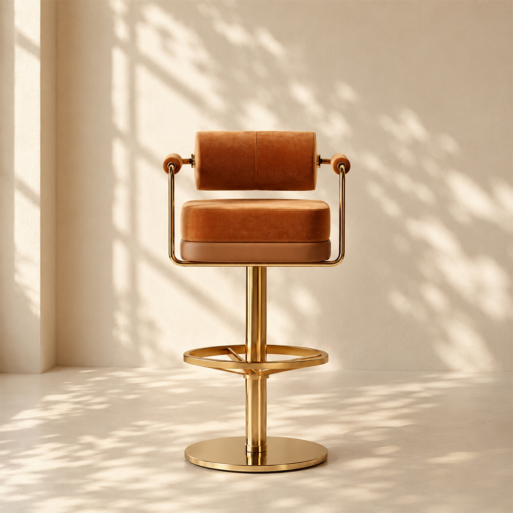 Modern Luxury Swivel Bar Stool with Cylindrical Backrest Gold Metal Frame Counter Chair 1 Piece