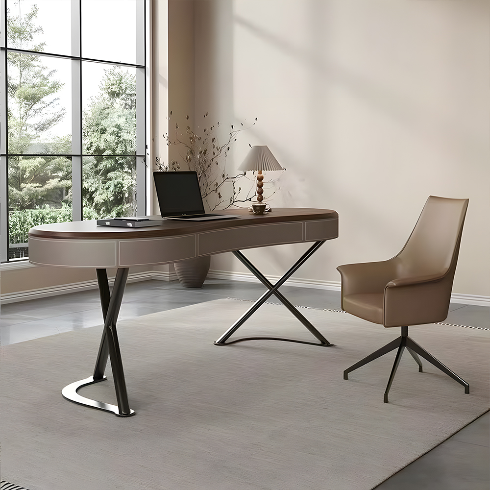 Curved Leather Trim Edge Solid Wood Stainless Steel Office Desk