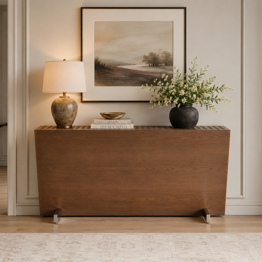 Ash Wood Veneer Trapezoid Shape Console Table