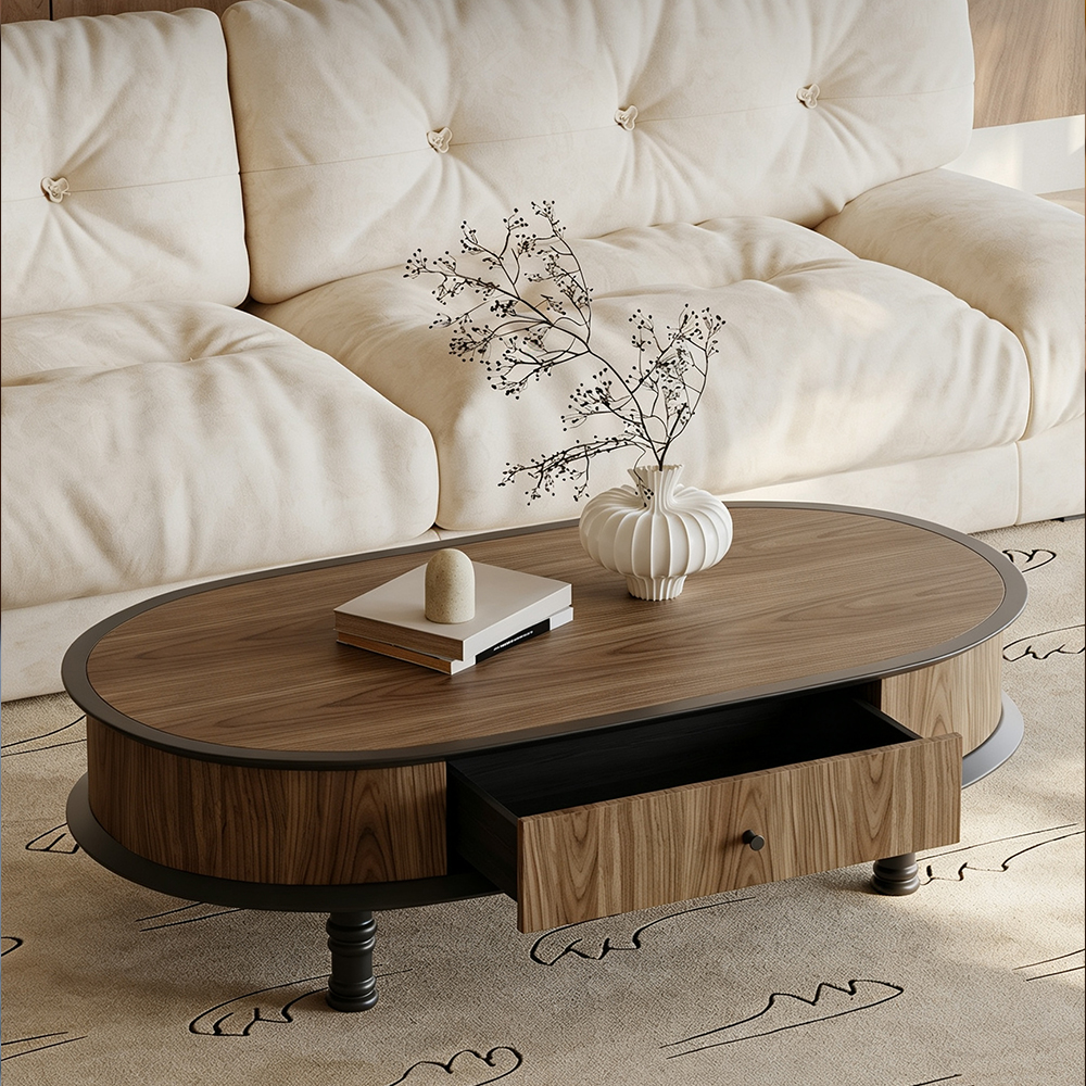 Oval Walnut Veneer Single Drawer Turned Black Leg Coffee Table