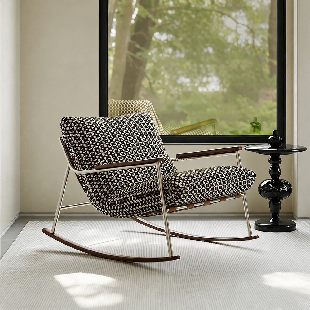 Geometric Woven Fabric Stainless Steel Wood Arm Rocking Accent Chair