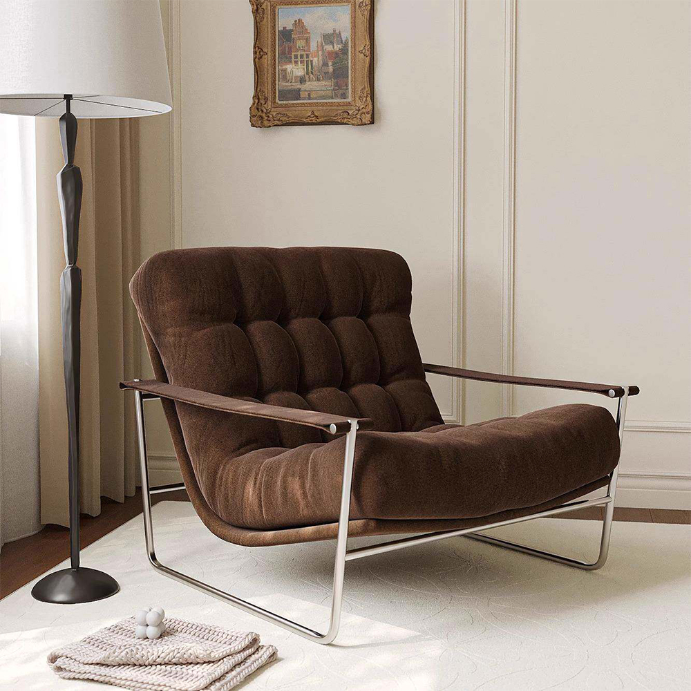 Thick Brown Corduroy Grid Tufted Chrome Cantilever Lounge Chair