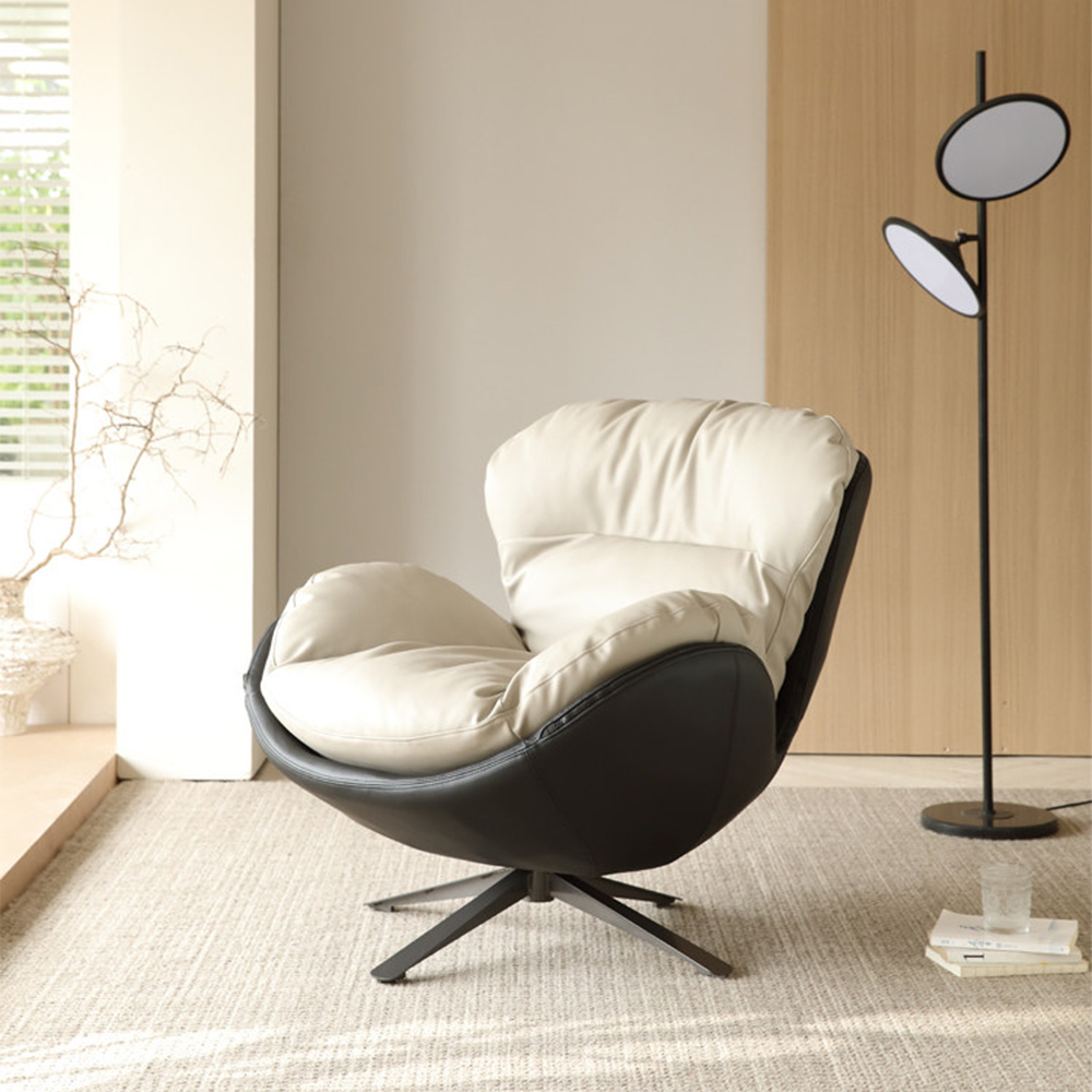 Modern Cream & Black Swivel Lounge Chair with Plush Cushioned Seat