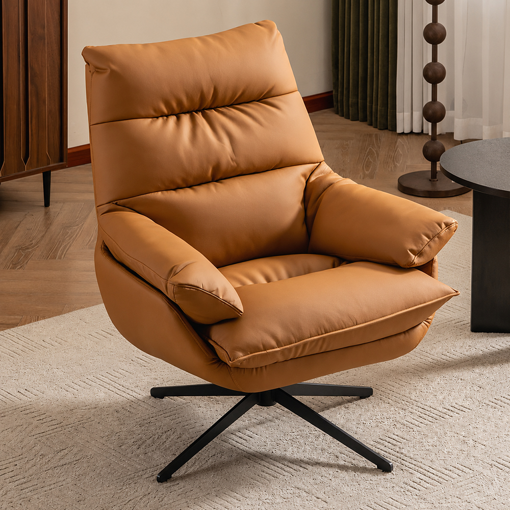 Modern Cognac Swivel Lounge Chair with High Back and Plush Cushions