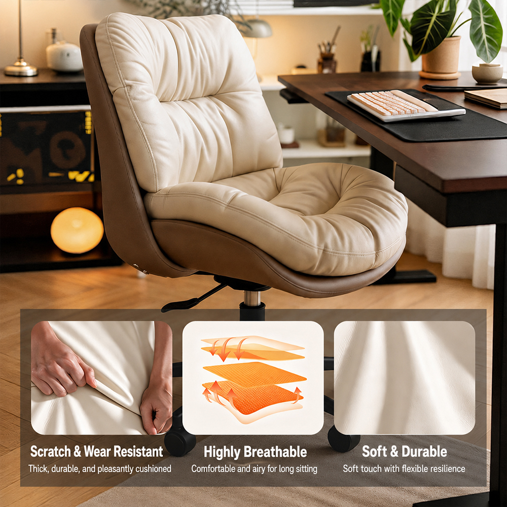 Modern Cream & Brown Tufted Swivel Office Chair with Rolling Base