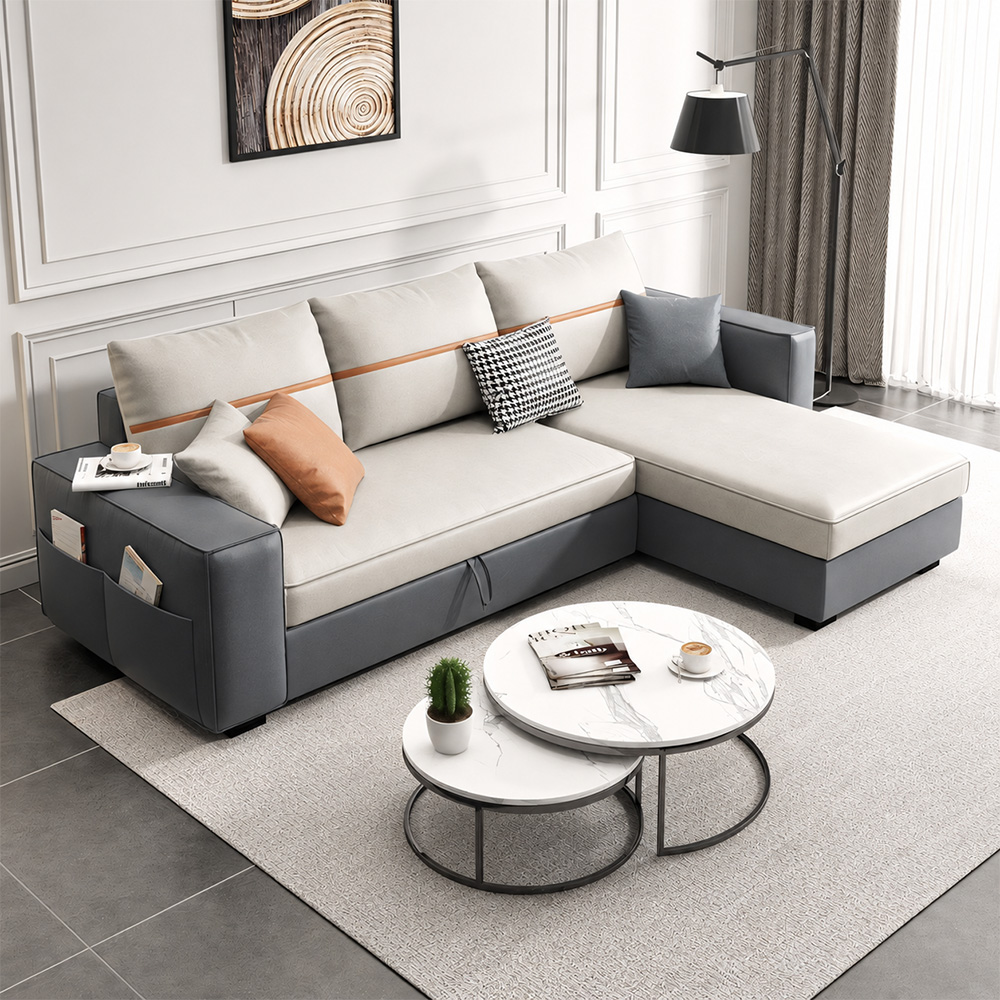 L Shaped Linen Cushion Microfiber Leather Pull Out Storage Sectional Sofa Bed