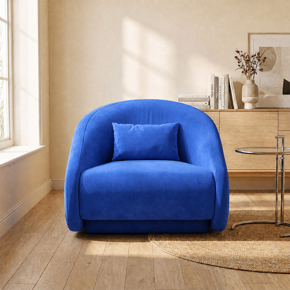 Klein Blue Velvet 2 In 1 Convertible Barrel Chair Chaise Lounge