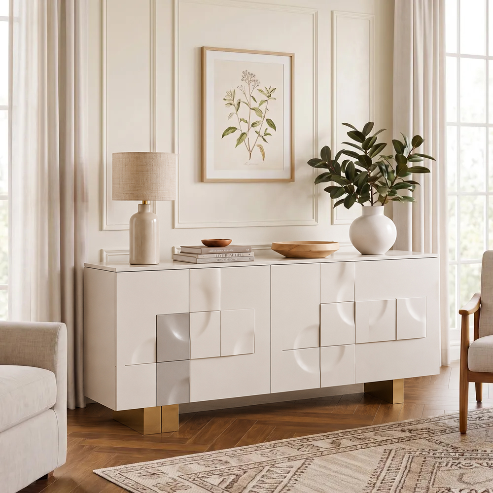  Marble Top Geometric Embossed Sideboard Cabinet