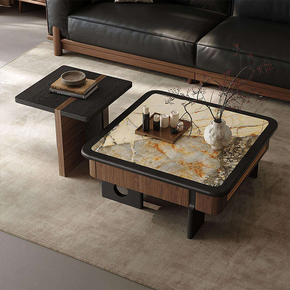 Wabi Sabi Sintered Stone Walnut Veneer Nesting Coffee Table Set