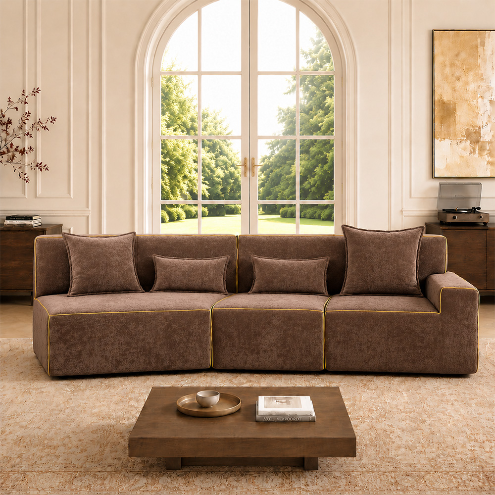 Dark Brown Embossed Velvet Golden Piping Modular Compressed Sofa