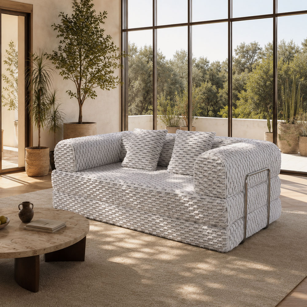 Striped Bouclé Fabric Modular Vacuum Compressed Convertible Sofa Daybed