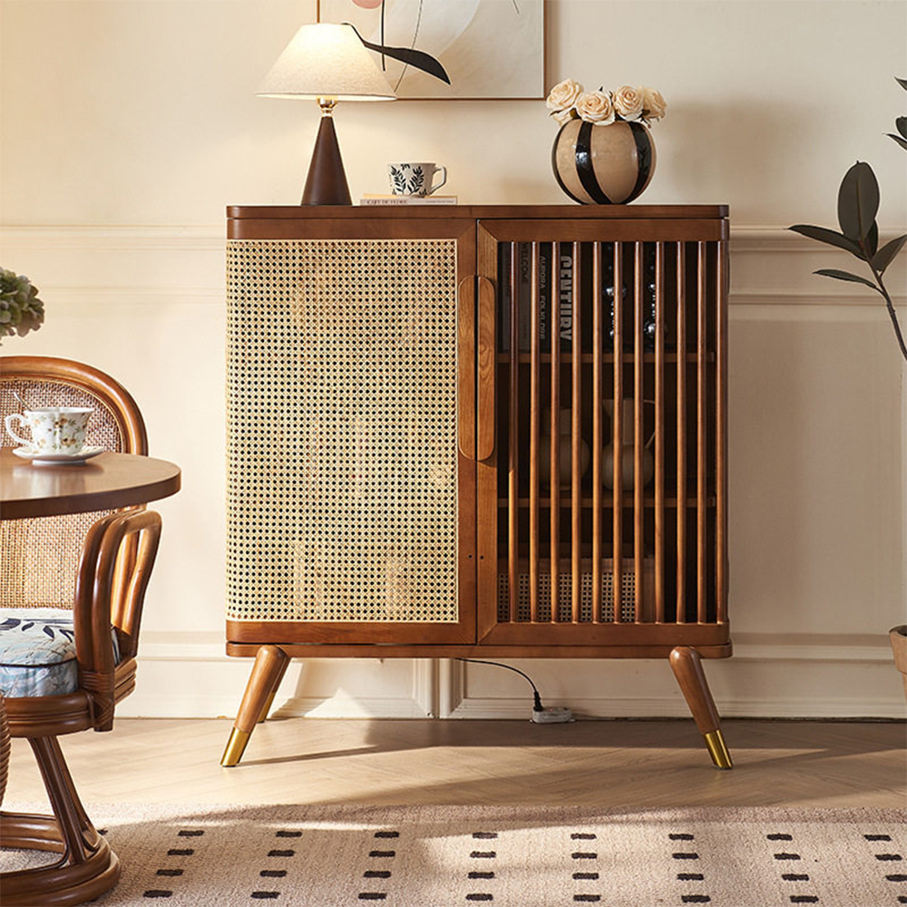 Wood Rattan Slatted Door Adjustable Storage Accent Cabinet