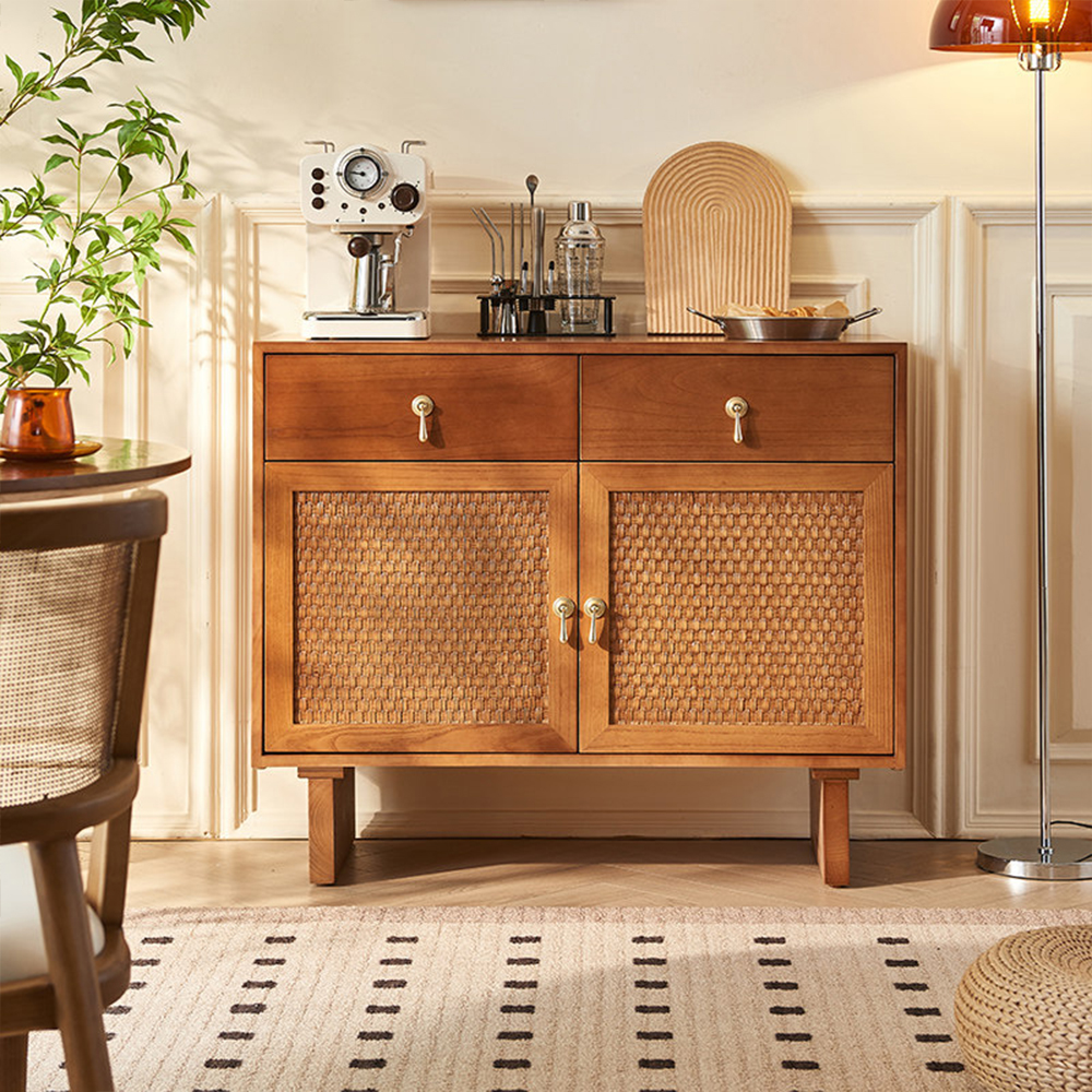 39.3“ Ash Wood Rattan Woven Door Sideboard Cabinet