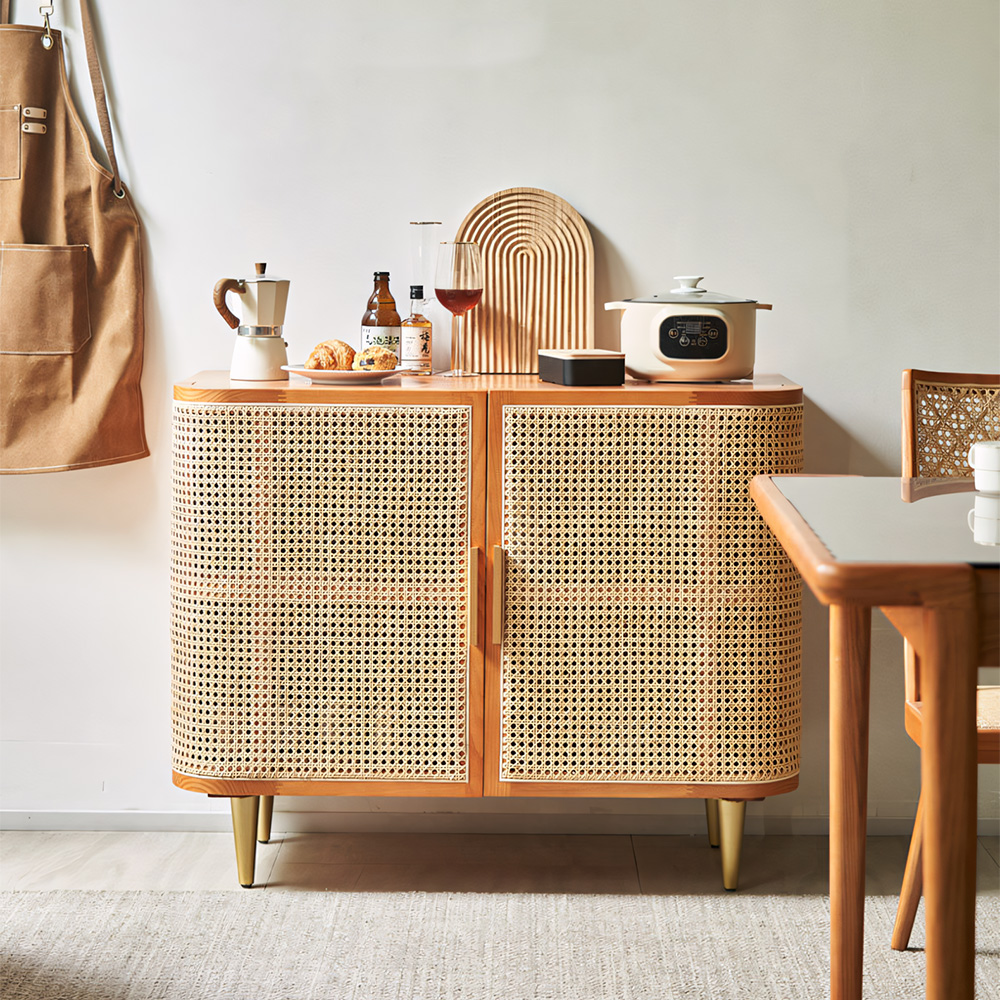 39.4" Rattan Doors Ash Wood Accent Sideboard Cabinet