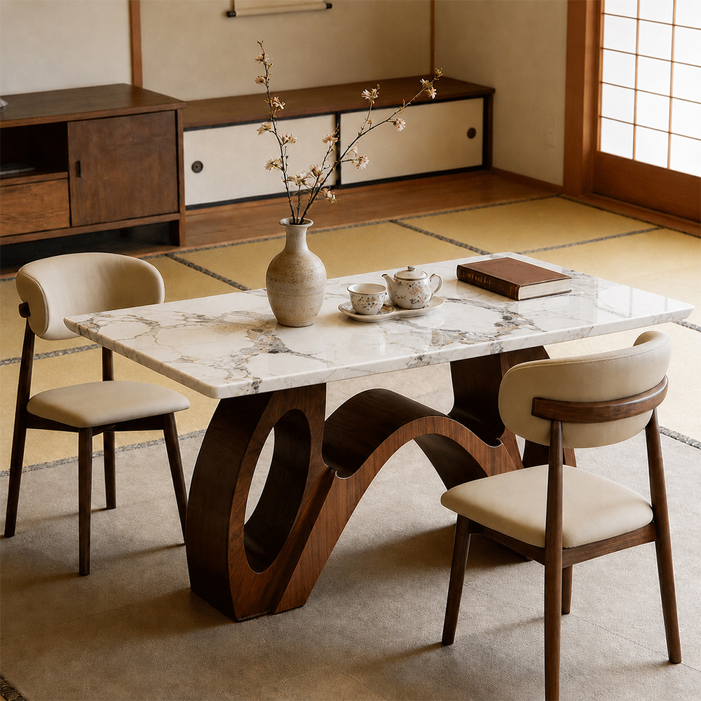 Modern Sintered Stone Dining Table Luxury Kitchen Table with Sculptural Walnut Wood Base for 4-6