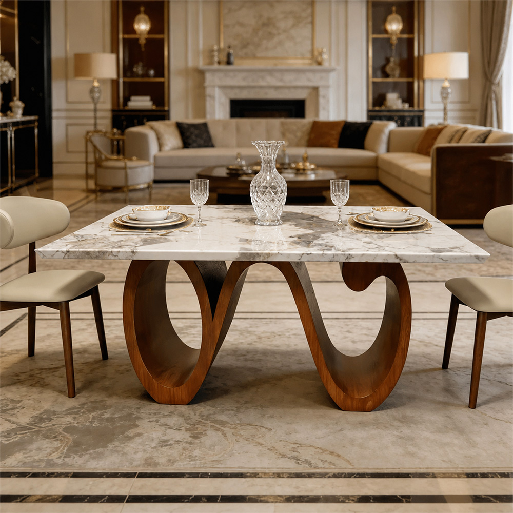 Modern Sintered Stone Dining Table with Sculptural Solid Wood Base Kitchen Table for 6