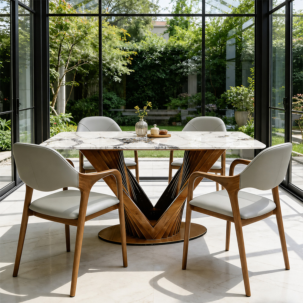 Luxury Sintered Stone Dining Table Kitchen Table With Artistic V-Shaped Solid Wood Base
