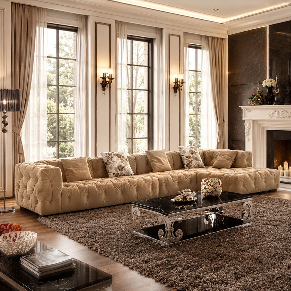 155.9" Two Tone Tufted Velvet Modular L Shape Sectional Sofa With Chaise For Luxury Villa