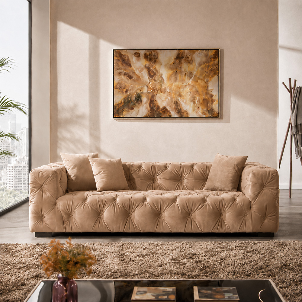 All Tufted Boxy Velvet Sofa Suite Three Seat Couch Two Single Chairs For Living Space