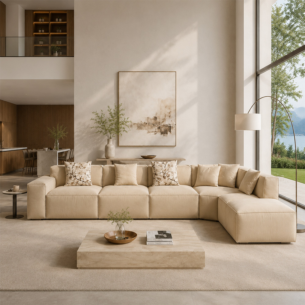 148.8“ Wabi Beige Linen Modular Sofa 3 Armless Seats Corner Footstool Set
