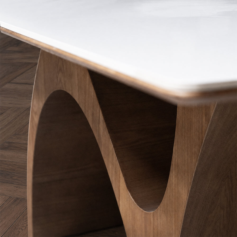 Modern Dining Table with Marble-Like Stone Top and Sculptural Wooden Base