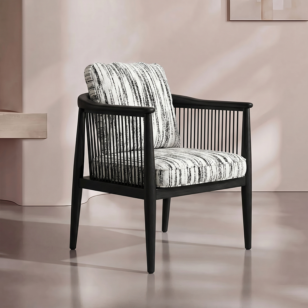 Modern Black Wooden Dining Chair with Armrests Minimalist Striped Upholstered Dining Armchair 1 Piece