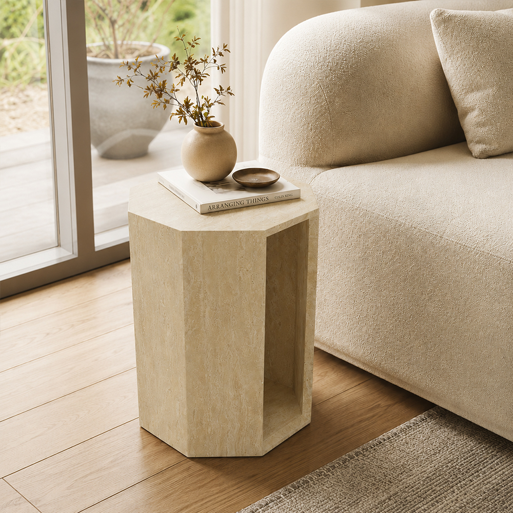 Raw Mineral Grain Natural Travertine Hollow End Side Table