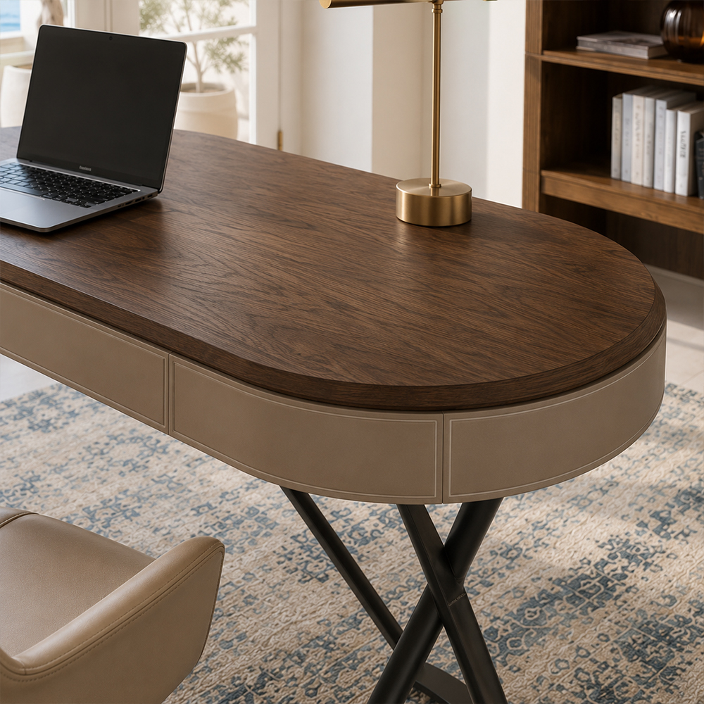 Curved Leather Trim Edge Solid Wood Stainless Steel Office Desk