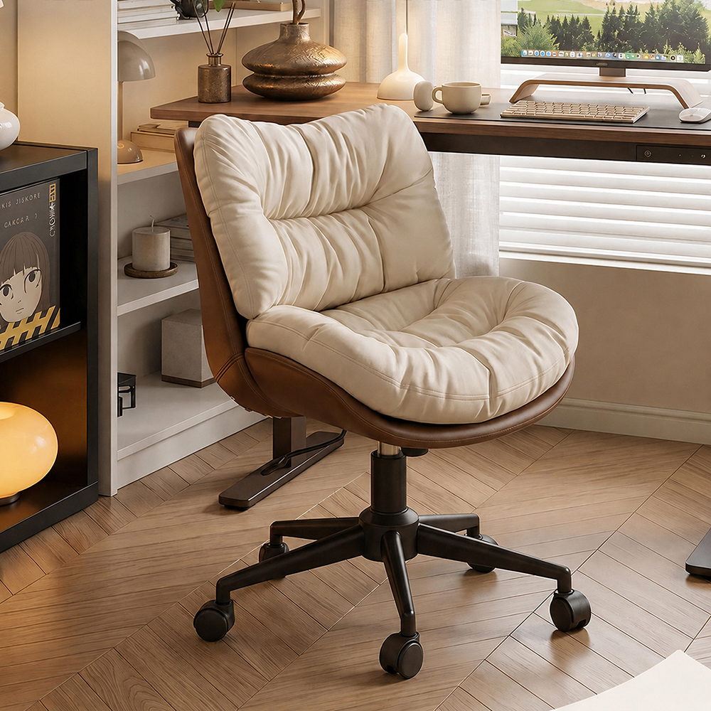 Modern Cream & Brown Tufted Swivel Office Chair with Rolling Base