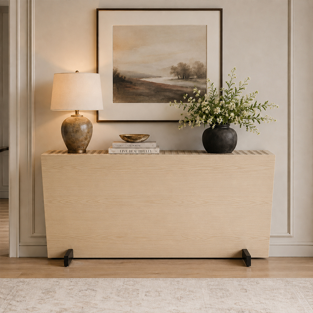 Ash Wood Veneer Trapezoid Shape Console Table