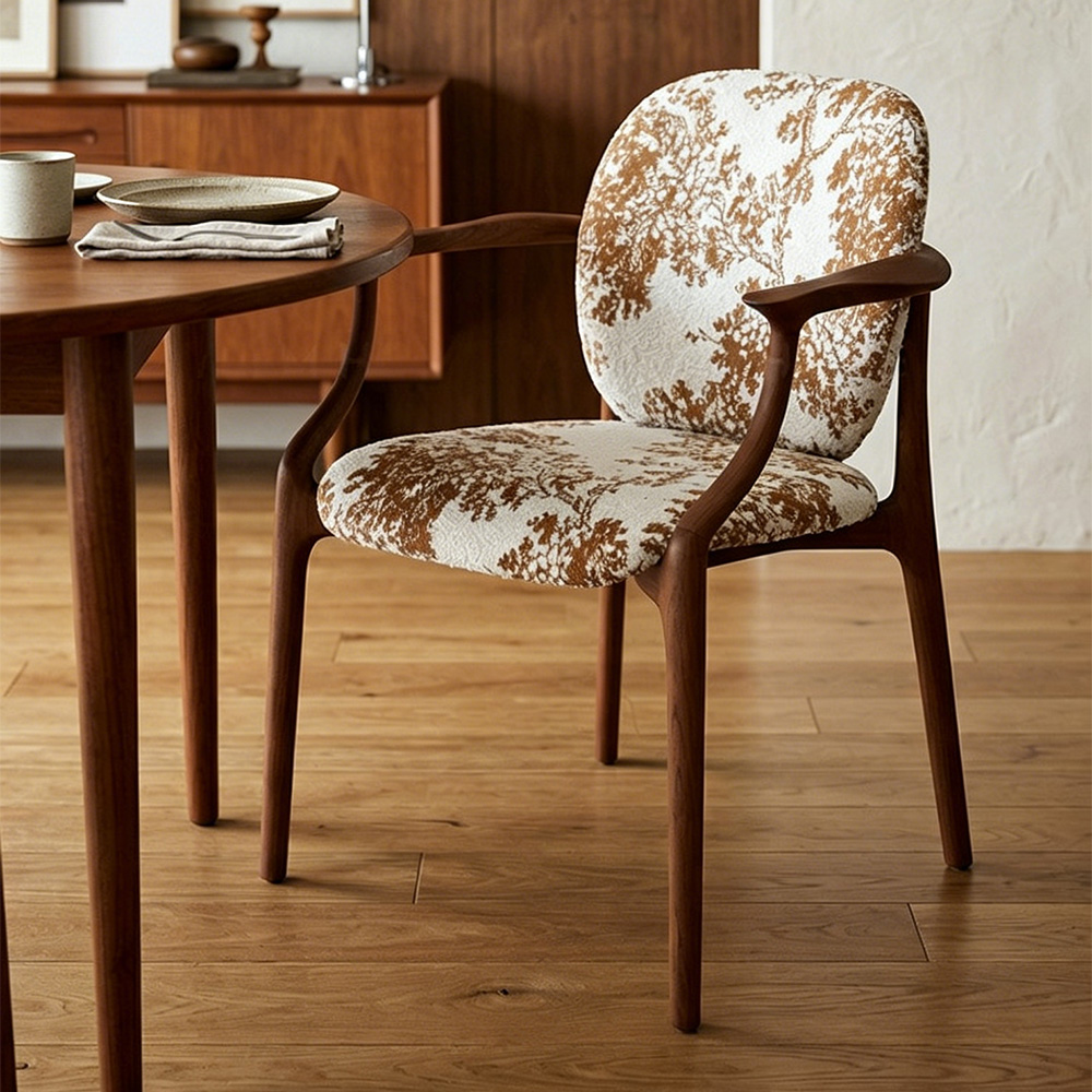 Tree Print Fabric Curved Solid Walnut Arm Mid Century Dining Chair 1 Piece