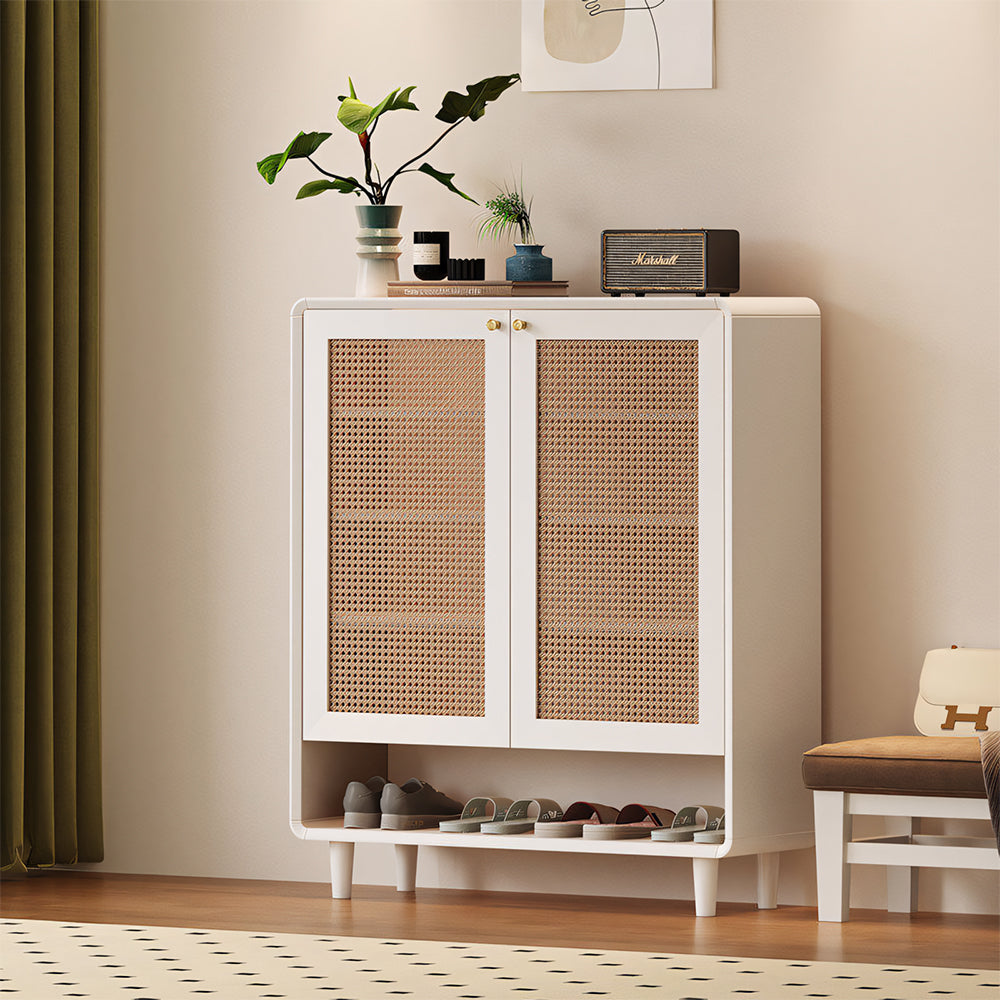 Mid-Century Rattan Shoe Cabinet with 2 Doors Walnut Wood Entryway Storage Organizer with Open Shelf