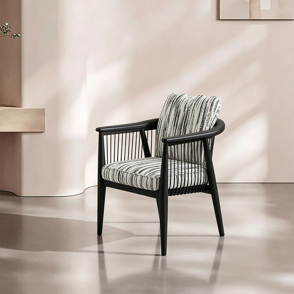 Modern Black Wooden Dining Chair with Armrests Minimalist Striped Upholstered Dining Armchair 1 Piece