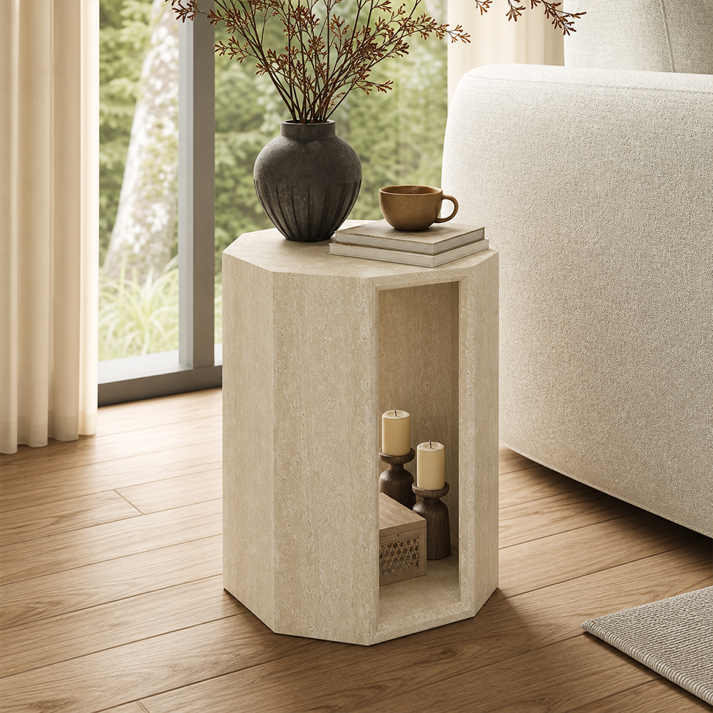 Raw Mineral Grain Natural Travertine Hollow End Side Table