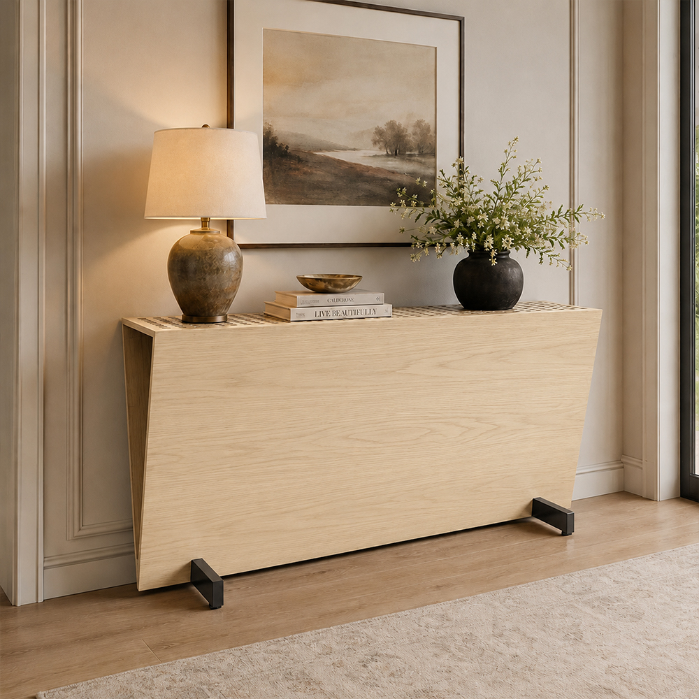 Ash Wood Veneer Trapezoid Shape Console Table