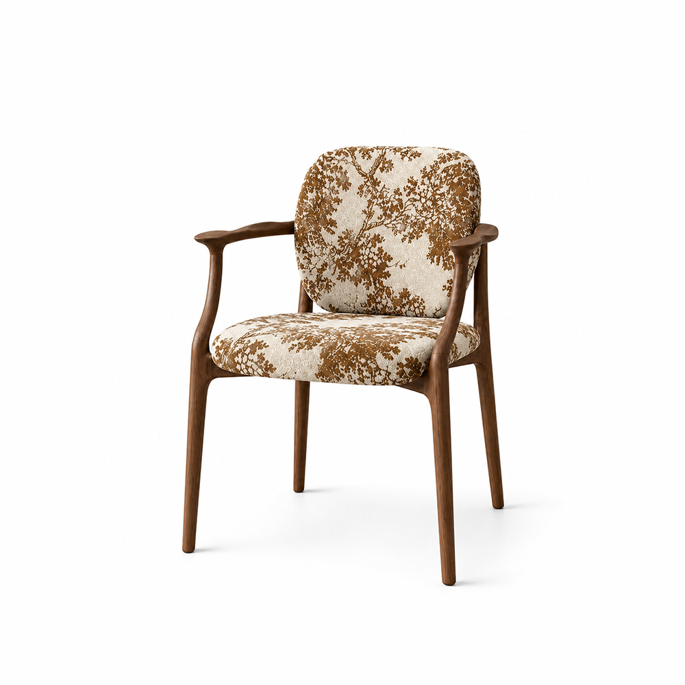 Tree Print Fabric Curved Solid Walnut Arm Mid Century Dining Chair 1 Piece