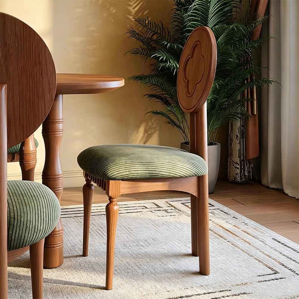 Retro Turned Leg Striped Corduroy Padded Seat Wood Dining Side Chair 1 Piece
