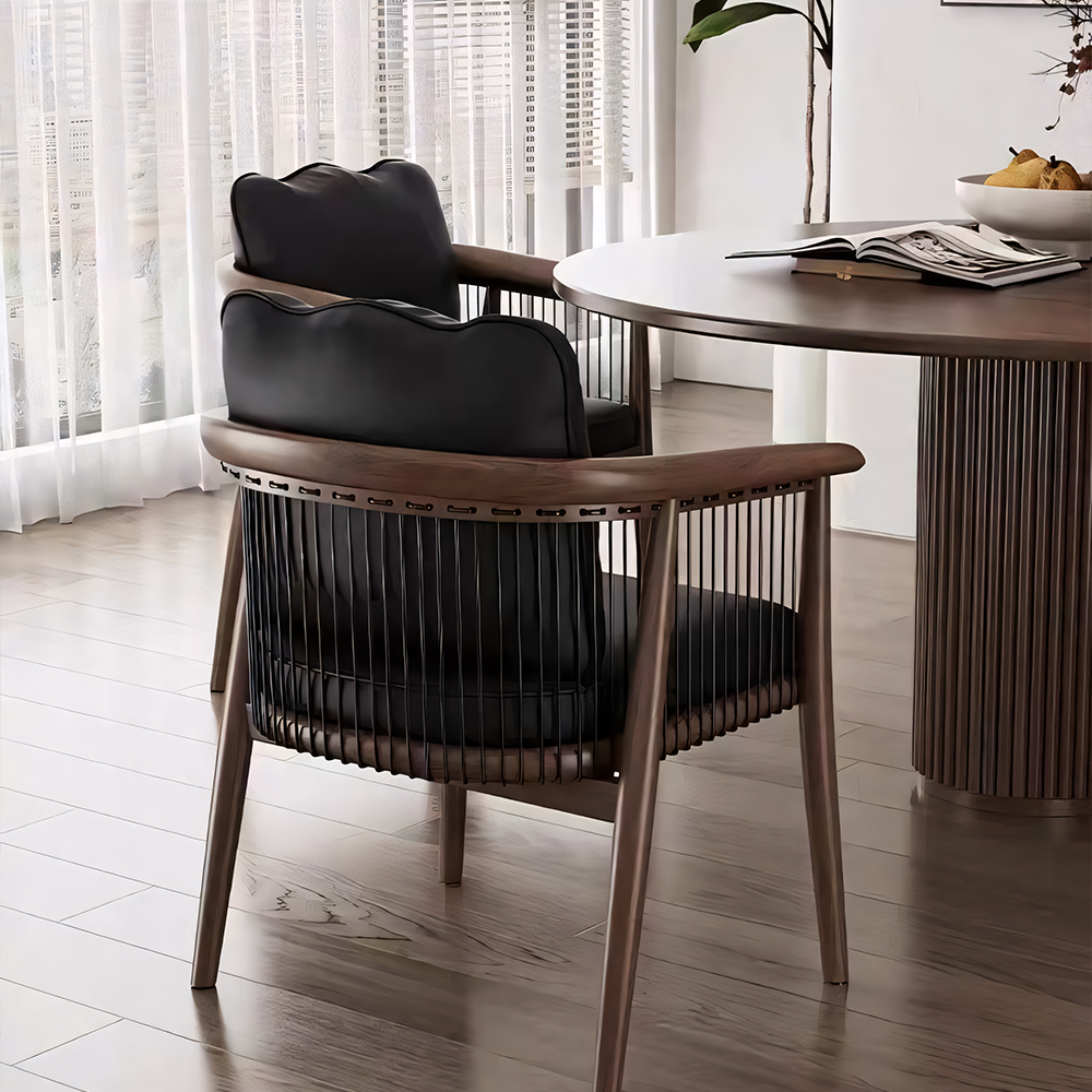 Modern Black Wooden Dining Chair with Armrests Minimalist Striped Upholstered Dining Armchair 1 Piece