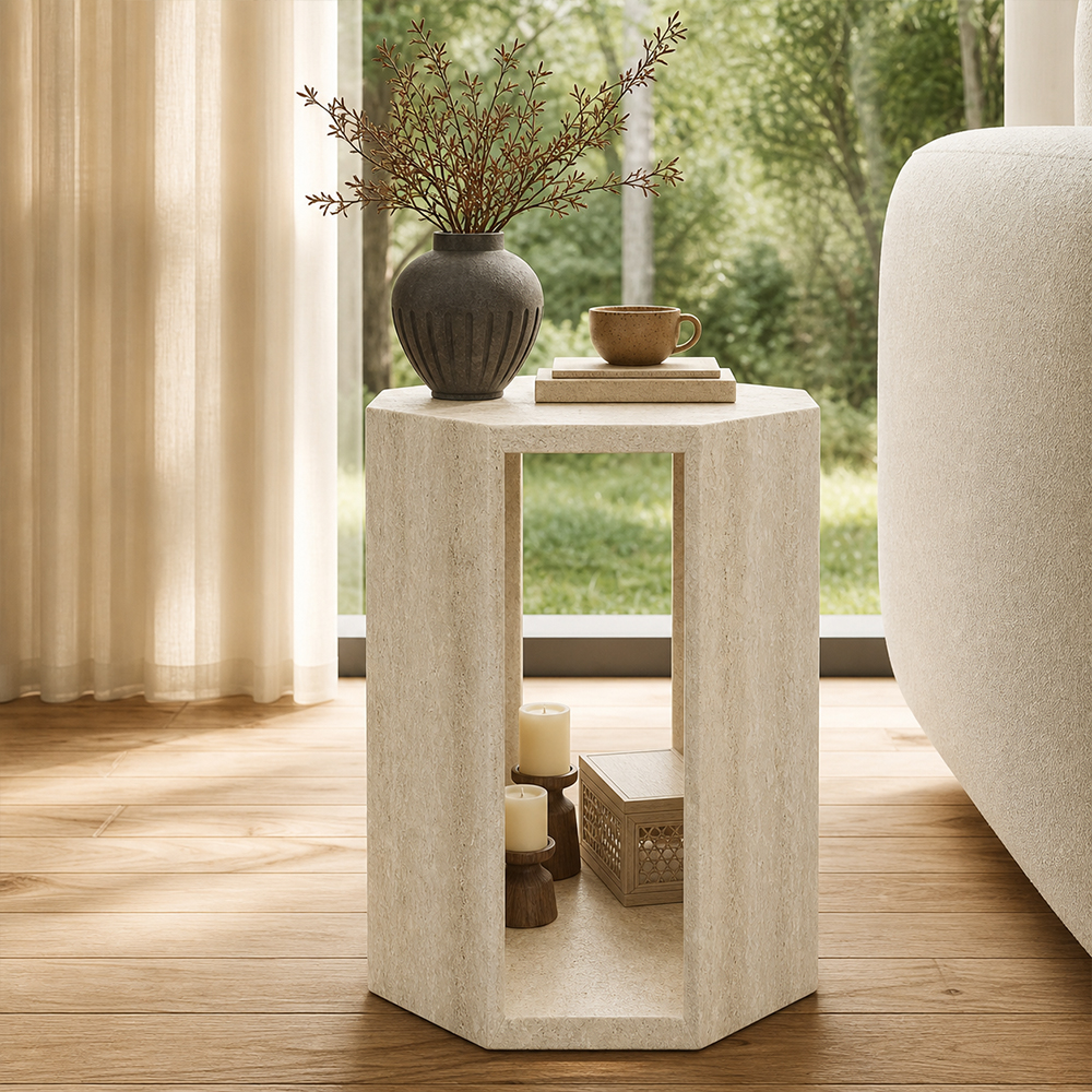 Raw Mineral Grain Natural Travertine Hollow End Side Table
