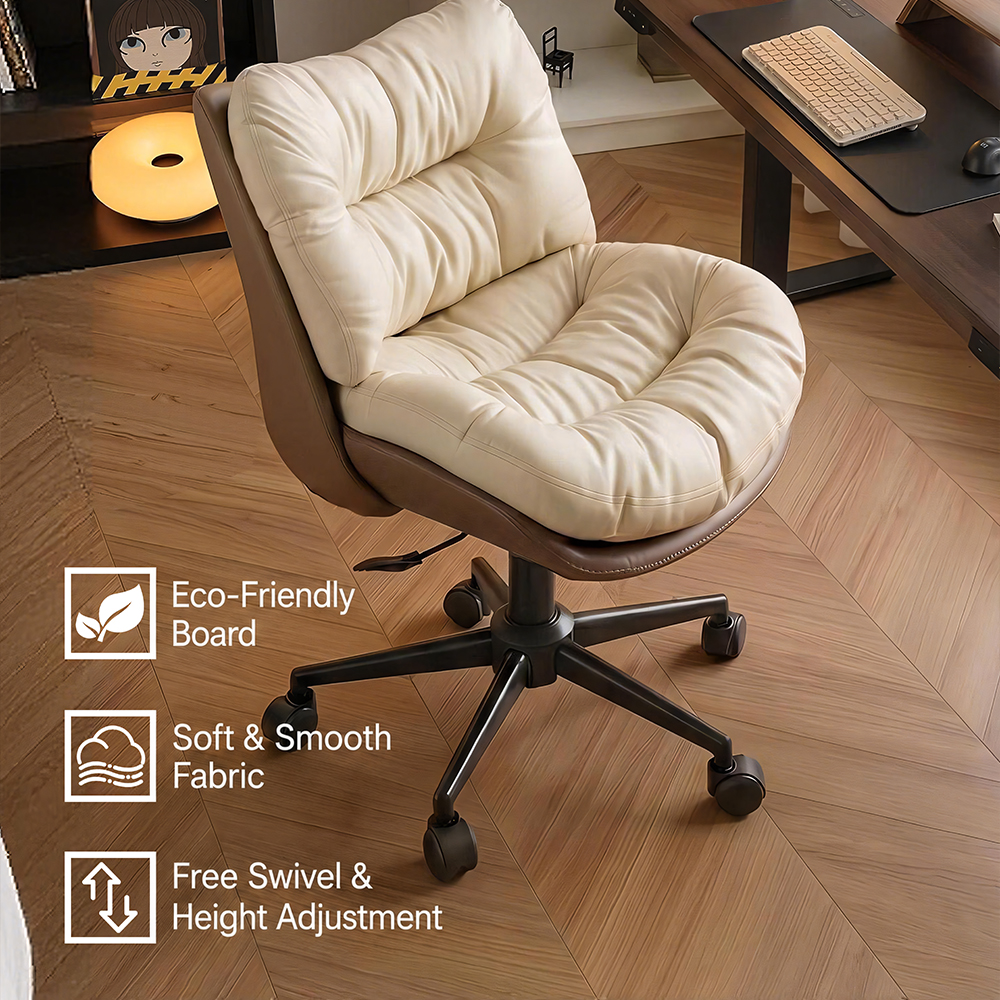 Modern Cream & Brown Tufted Swivel Office Chair with Rolling Base